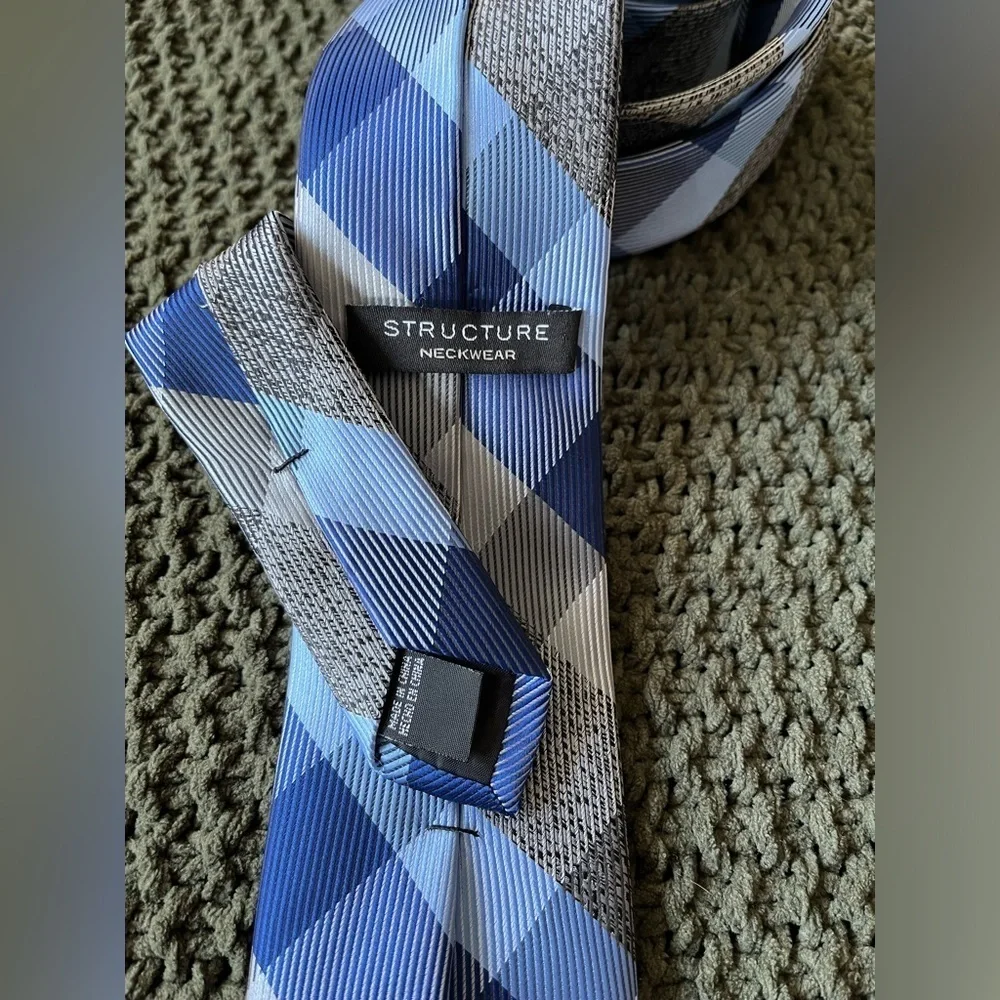 Structure Men’s Tie, Shades of Blue & Gray Checkered Plaid, 100% Polyester; 58”